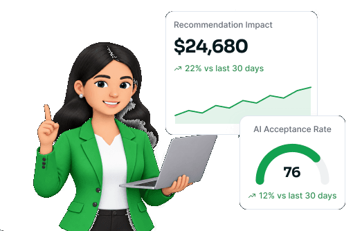 Recommendation impact figure beside an AI acceptance-rate gauge