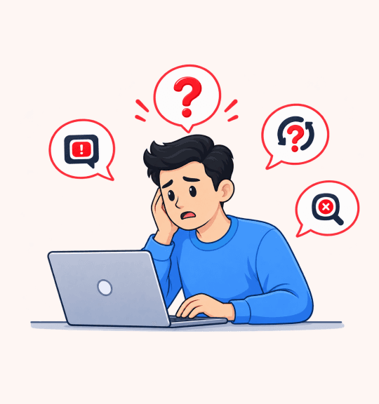 A support agent buried in repetitive questions, typing every reply by hand.