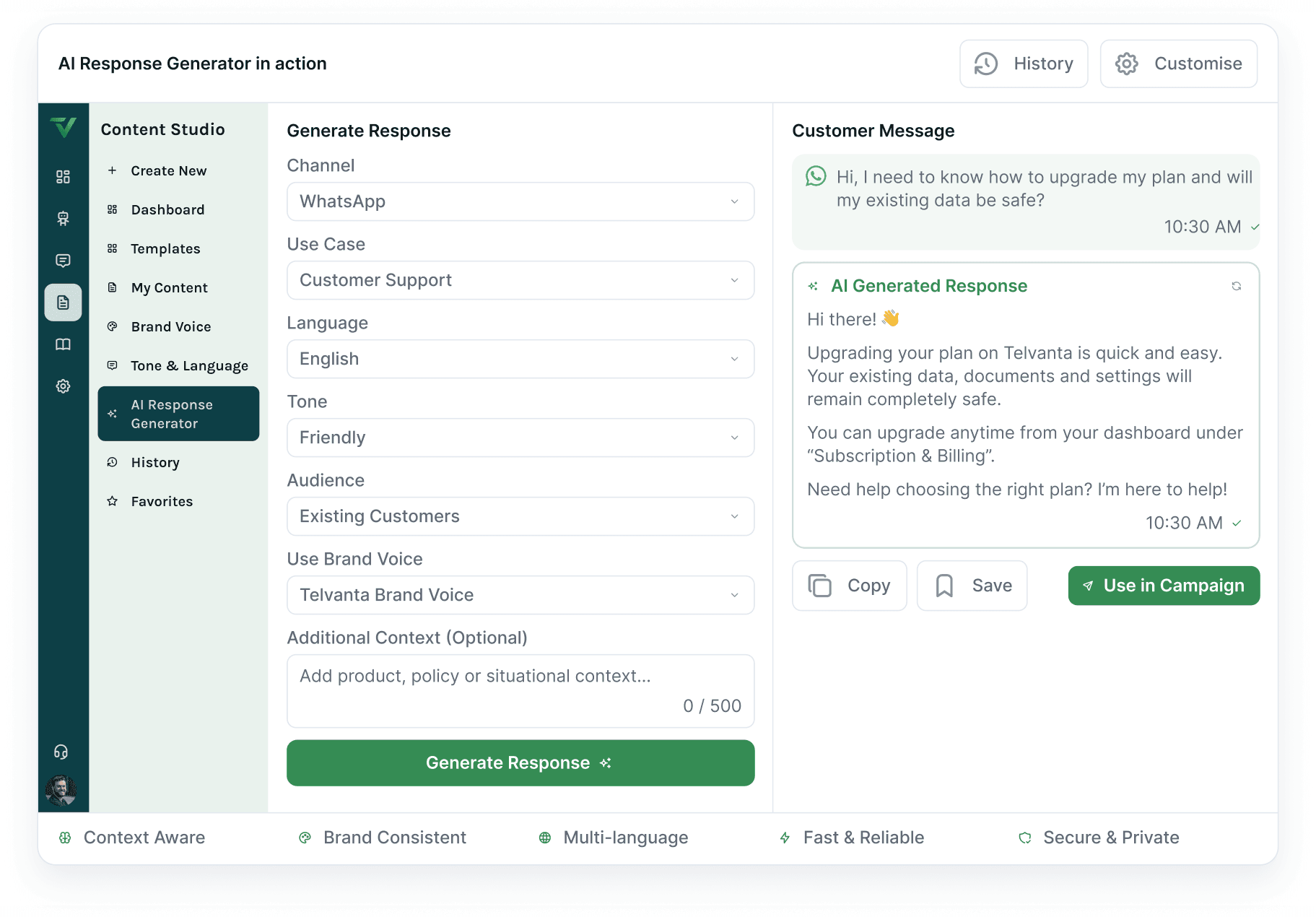 The AI Response Generator console — channel, use case, language, tone and audience selectors beside a customer message and the on-brand reply the AI drafted for it.