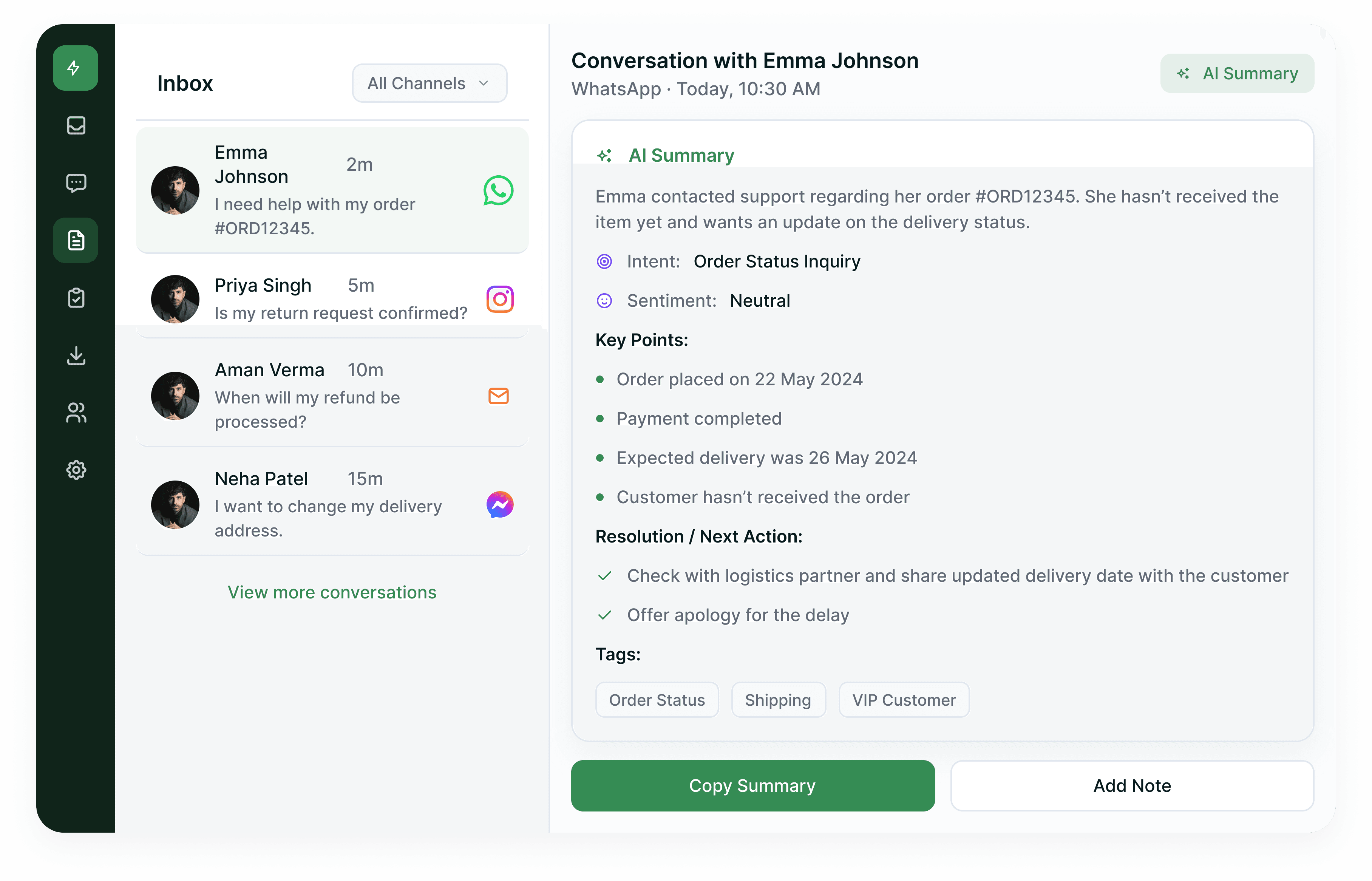 Inbox beside a conversation and its AI summary with intent, key points and next actions
