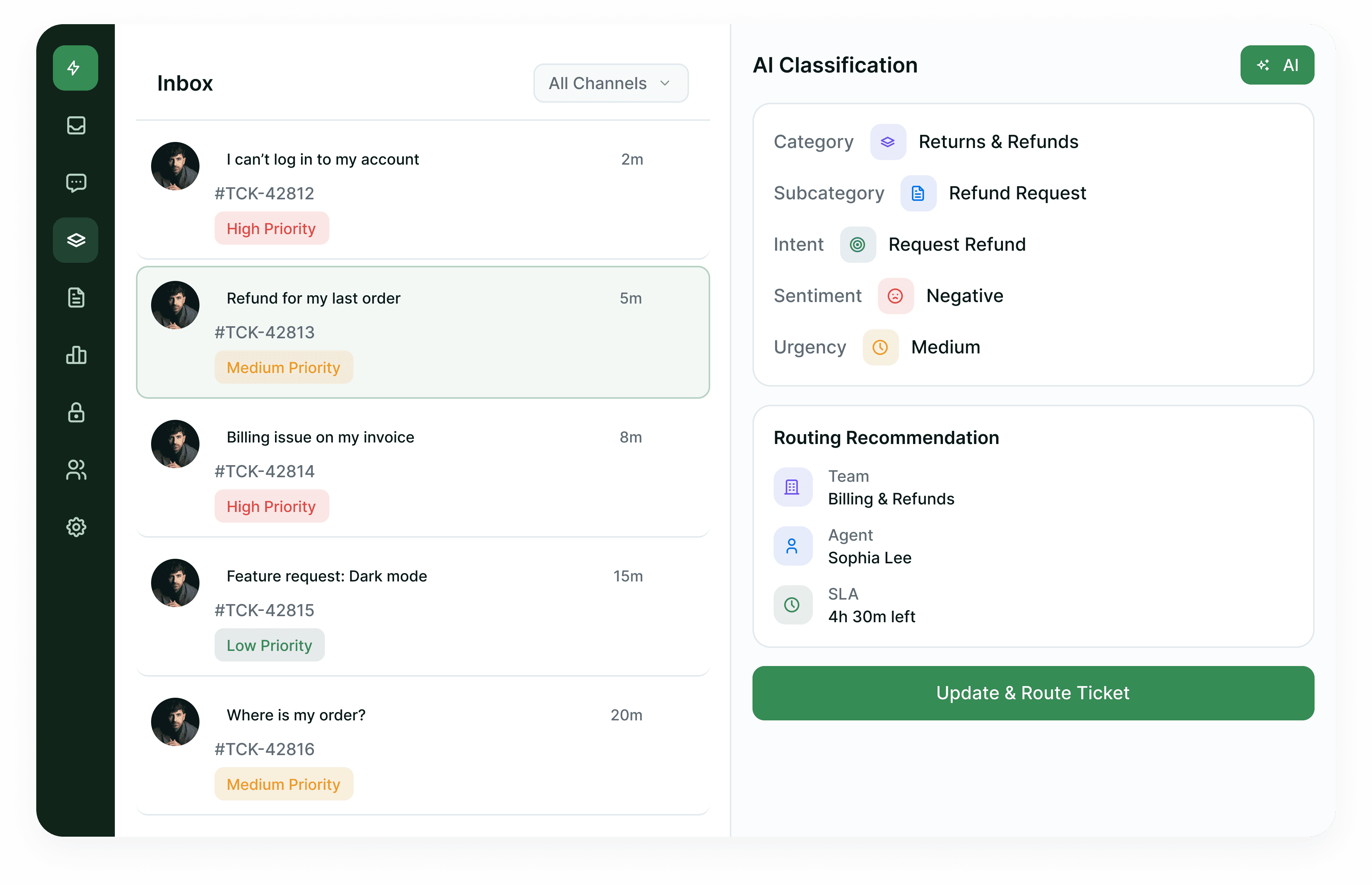 Ticket inbox beside the AI classification panel with category, sentiment, urgency and routing