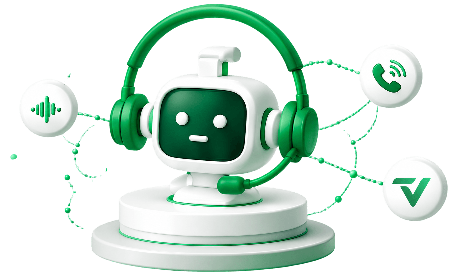 A white-and-green Telvanta robot wearing a green headset sits on a round podium, linked by dotted green lines to floating bubbles with a sound wave, a phone and the Telvanta logo.