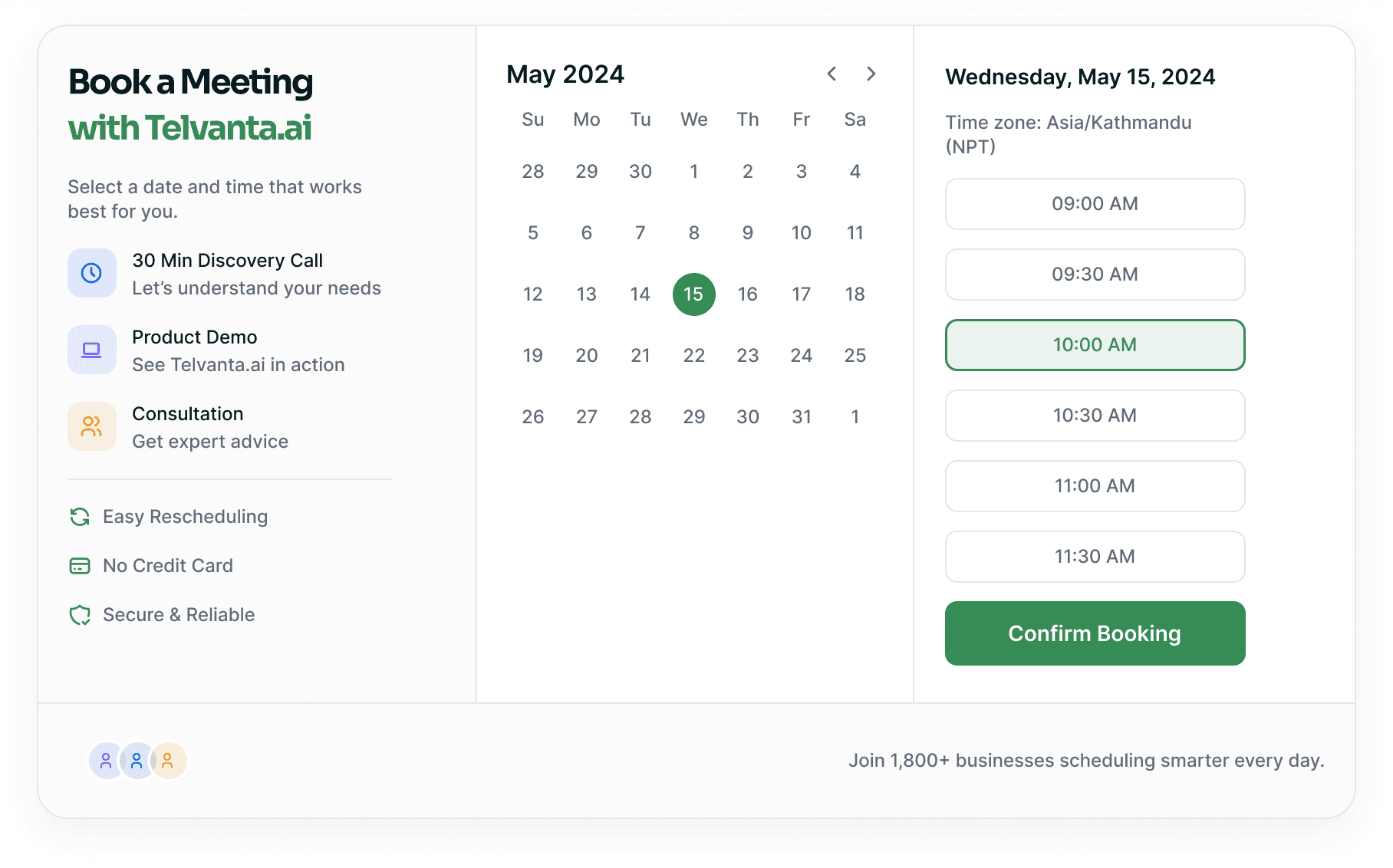 Booking panel with meeting types, a May calendar and the day's open time slots