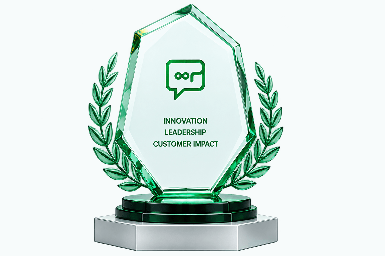 A green glass award trophy carrying the Telvanta chat mark over the words Innovation, Leadership and Customer Impact, framed by a laurel wreath on a mirrored silver plinth.