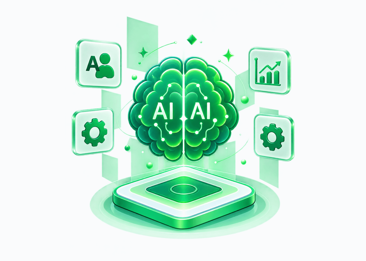 An AI core surrounded by the brand, language, audience and tone controls it draws on.