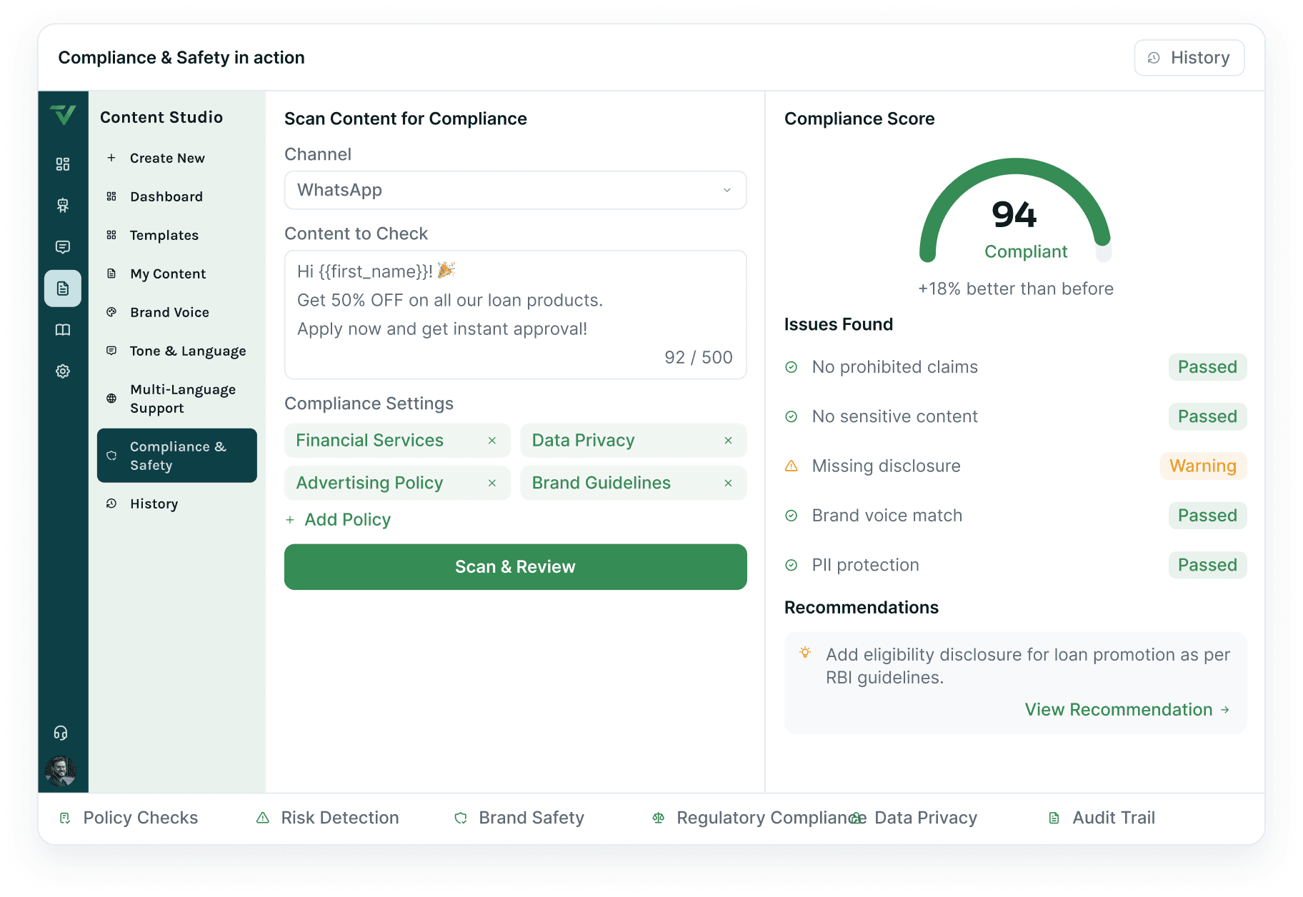 The compliance scanner — a loan promotion being checked against financial services and data privacy policy sets, scoring 94 with one missing-disclosure warning.