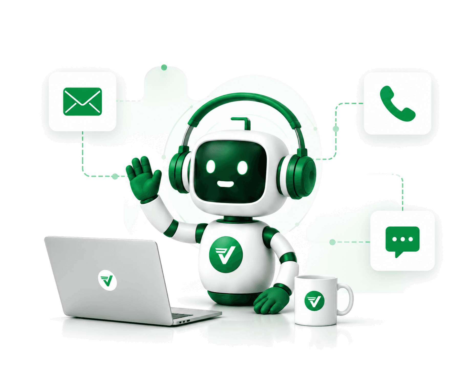 A white-and-green Telvanta robot wearing headphones waves beside an open laptop and a branded mug, with floating white tiles carrying green envelope, phone and chat-bubble glyphs joined to it by dashed green lines.