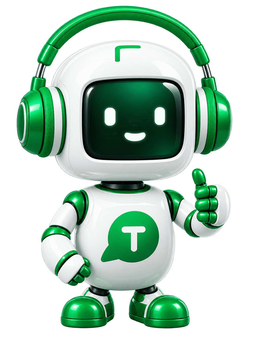 A white-and-green Telvanta robot wearing headphones standing with one hand raised in greeting.