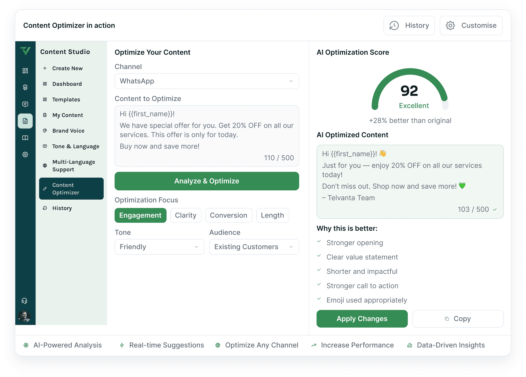 The Content Optimizer console — a draft message beside its AI optimization score of 92 and the rewritten version, with the reasons the rewrite scores better.