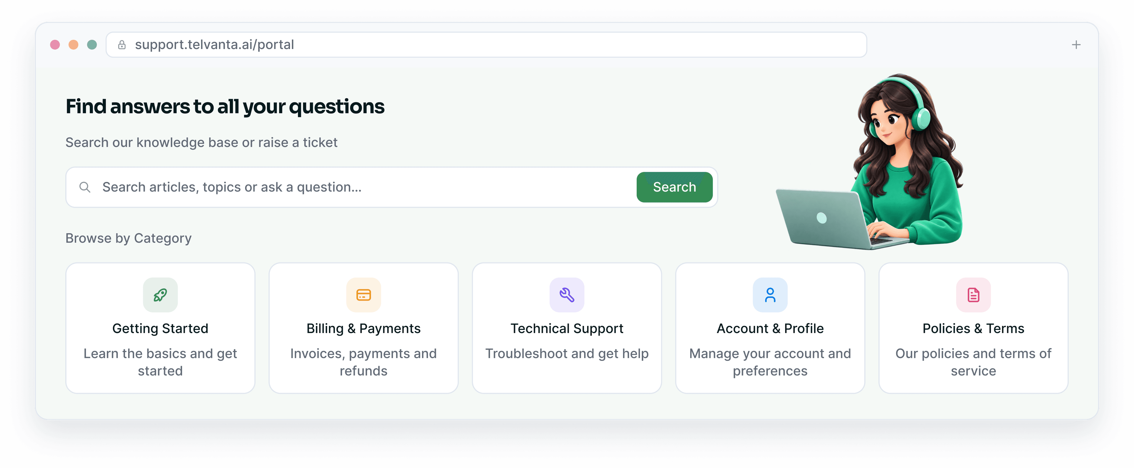 Portal browser window with search, categories and popular articles