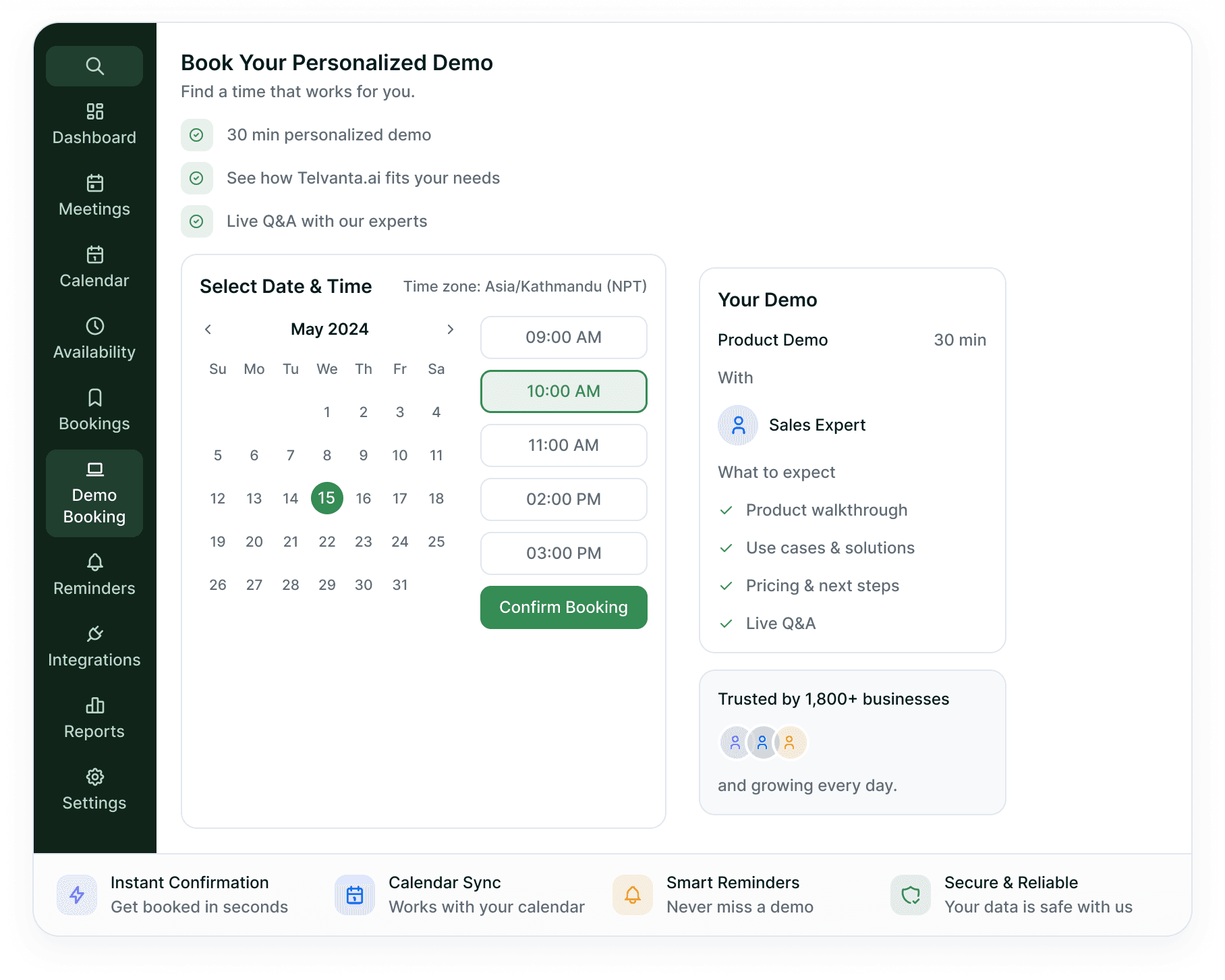 Demo booking workspace with a date and time picker beside the demo summary and trust panel