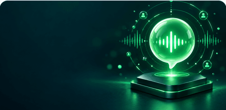 A green audio waveform glowing inside a ringed disc on a dark stage.