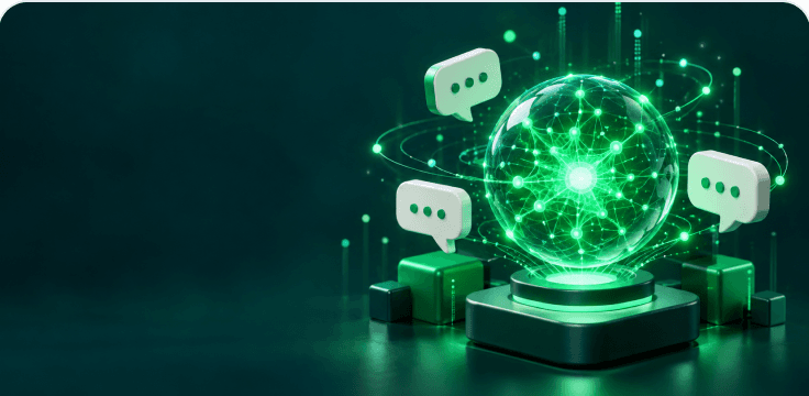 A glowing green orb ringed with chat bubbles on a dark plinth.
