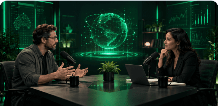 Two people talking across a dark conference table under warm studio lighting.