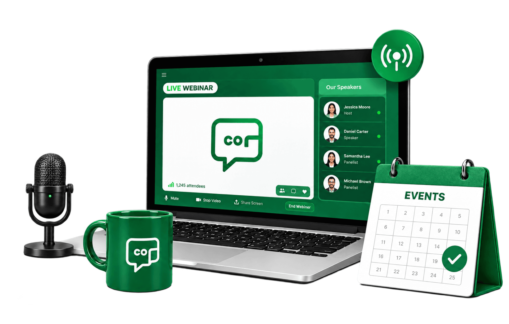 A laptop running a live webinar with a speaker panel, a broadcast disc floating above it, a branded mug and a desk microphone beside it, and a green desk calendar headed EVENTS with a tick over its dates.