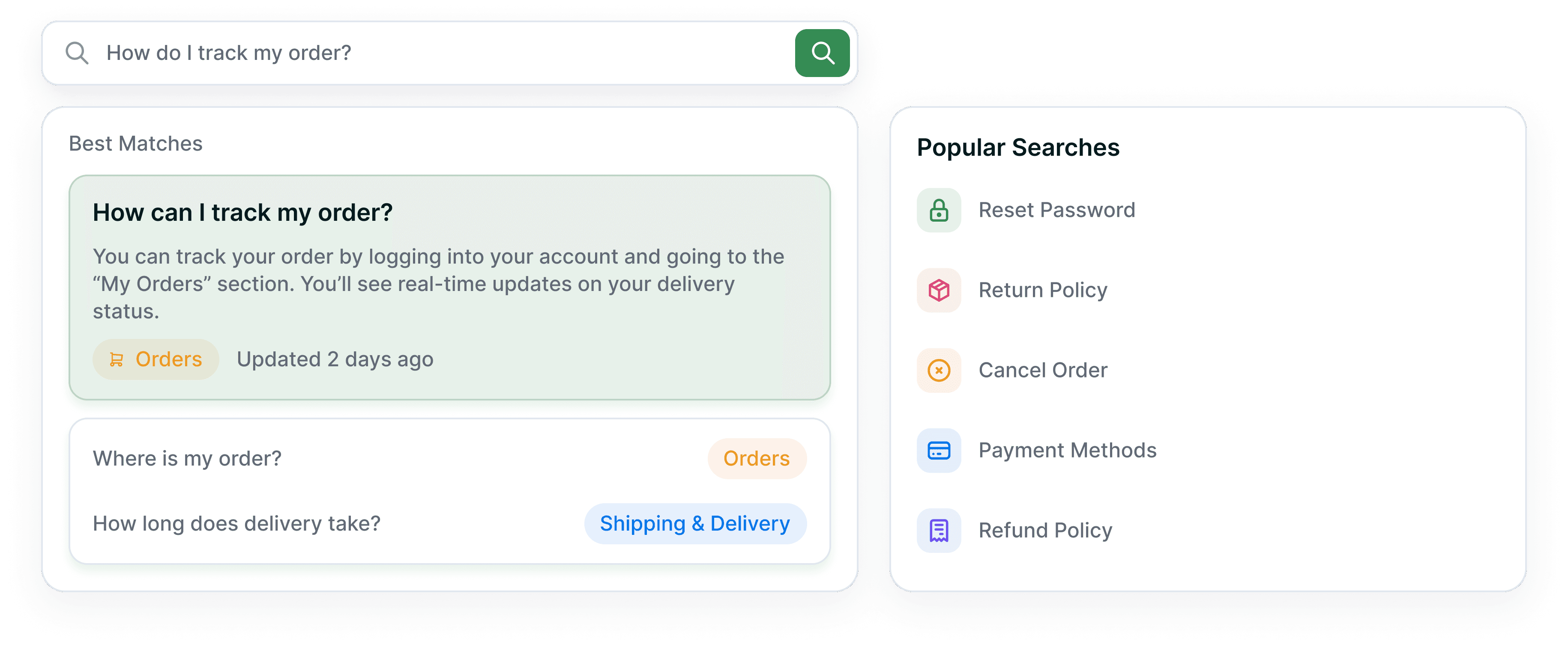 Search results list with matched FAQ articles and relevance scores