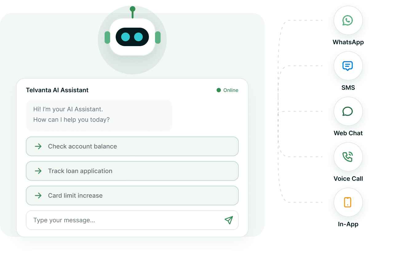 An AI assistant answering a balance, a loan status and a card query in one thread, with a handover to a human agent alongside.