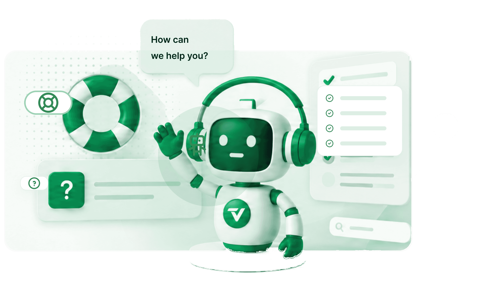 A white-and-green Telvanta robot in headphones waves beside floating help cards: a lifebuoy, a question-mark card, a checklist, a search bar and a speech bubble reading “How can we help you?”.