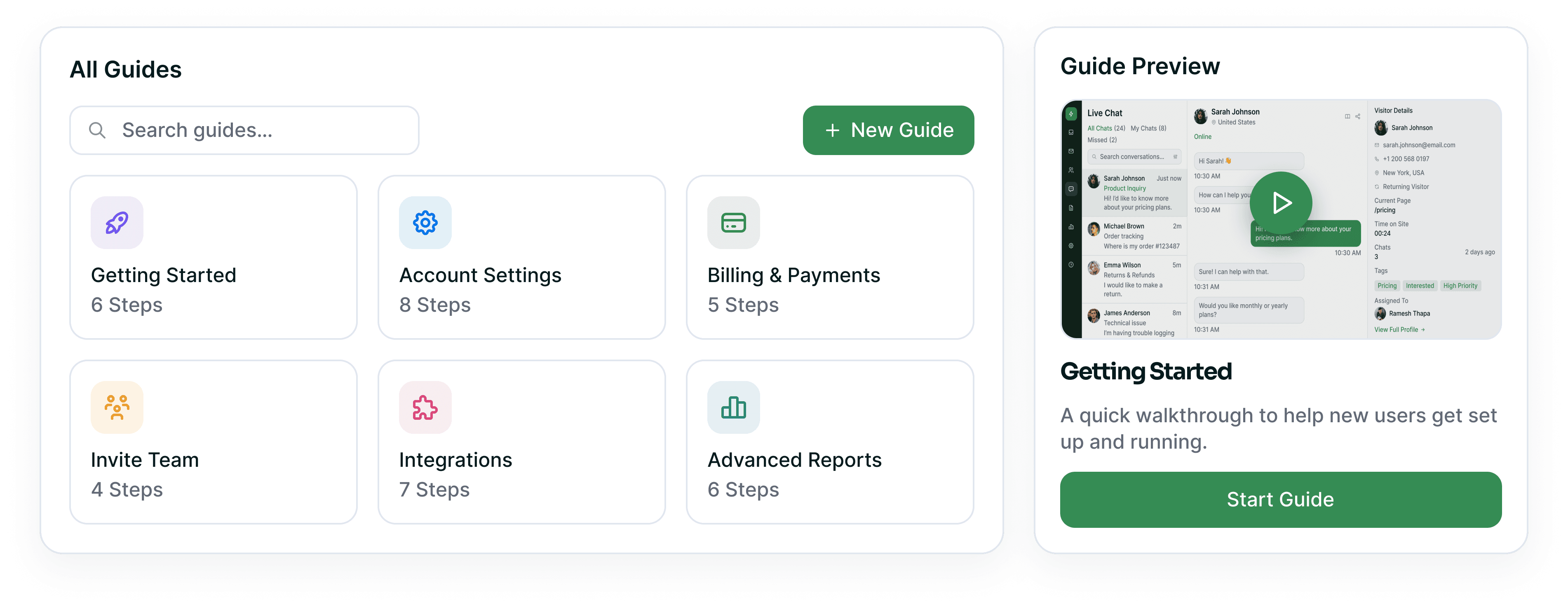 Guide builder with ordered steps and an in-product tooltip preview