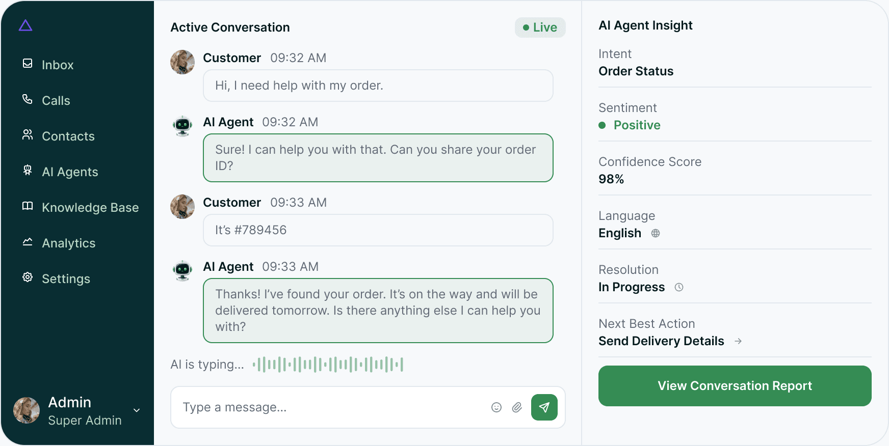 The agent console — an active conversation beside the AI's read on it: intent, sentiment, confidence, language and the next best action.