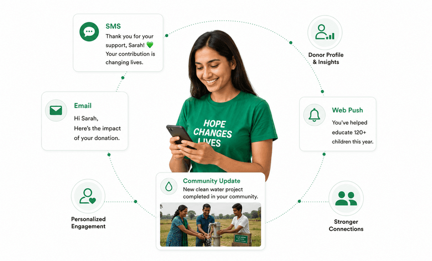 A donor thank-you orbit — an SMS impact note, an emailed update on children educated and a web push about a completed water project.