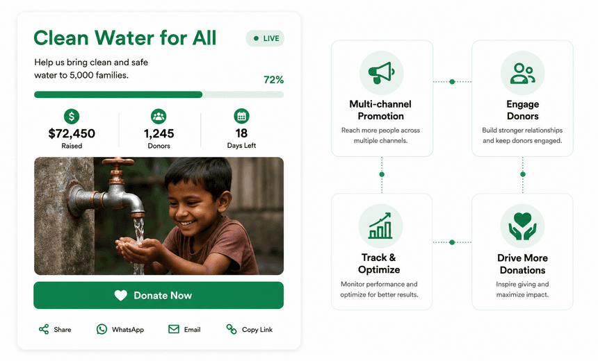 A live fundraising campaign tracking its goal, donors and days left across every channel.