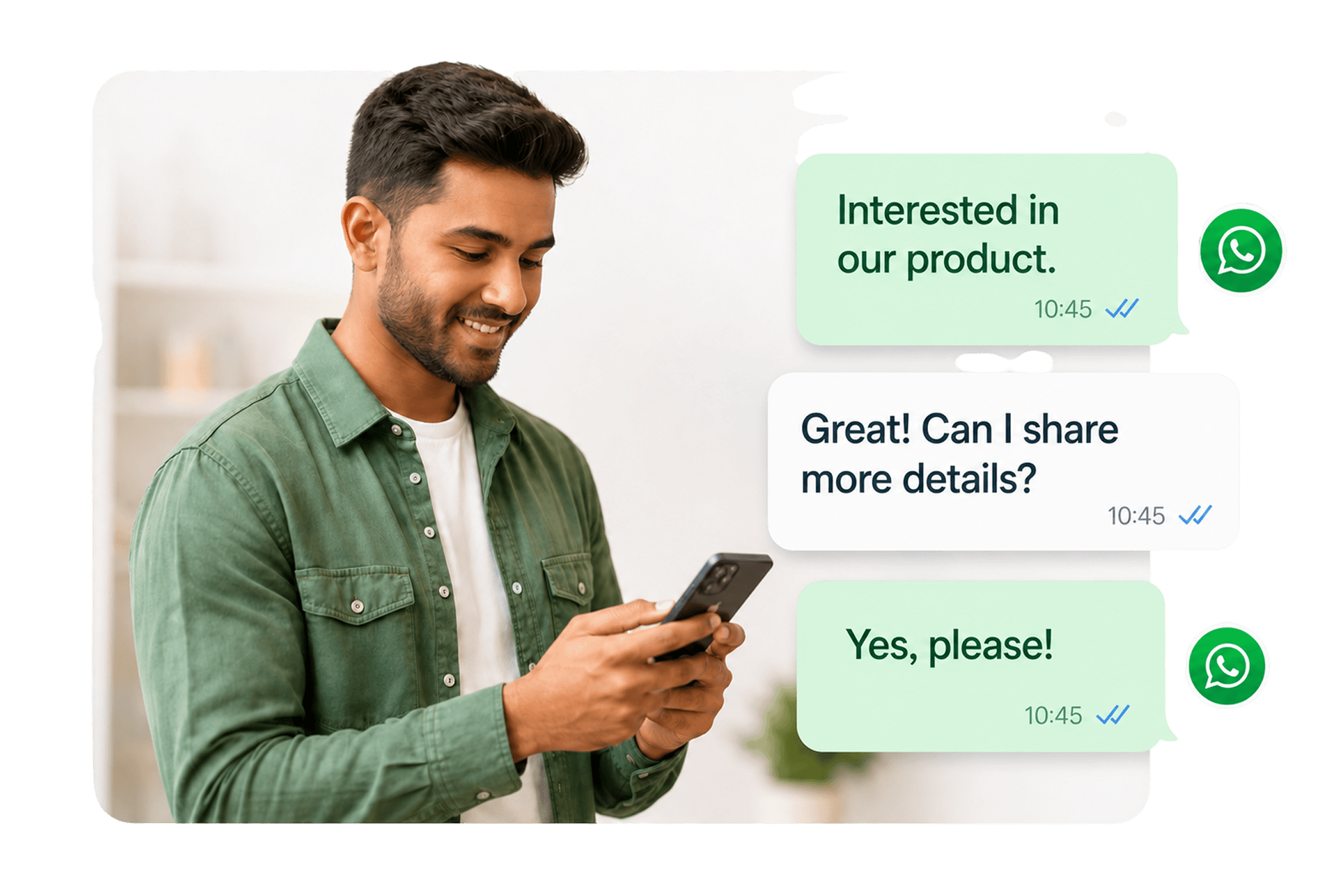 A shopper messaging a business on WhatsApp, the thread showing interest in a product and a reply offering more details.