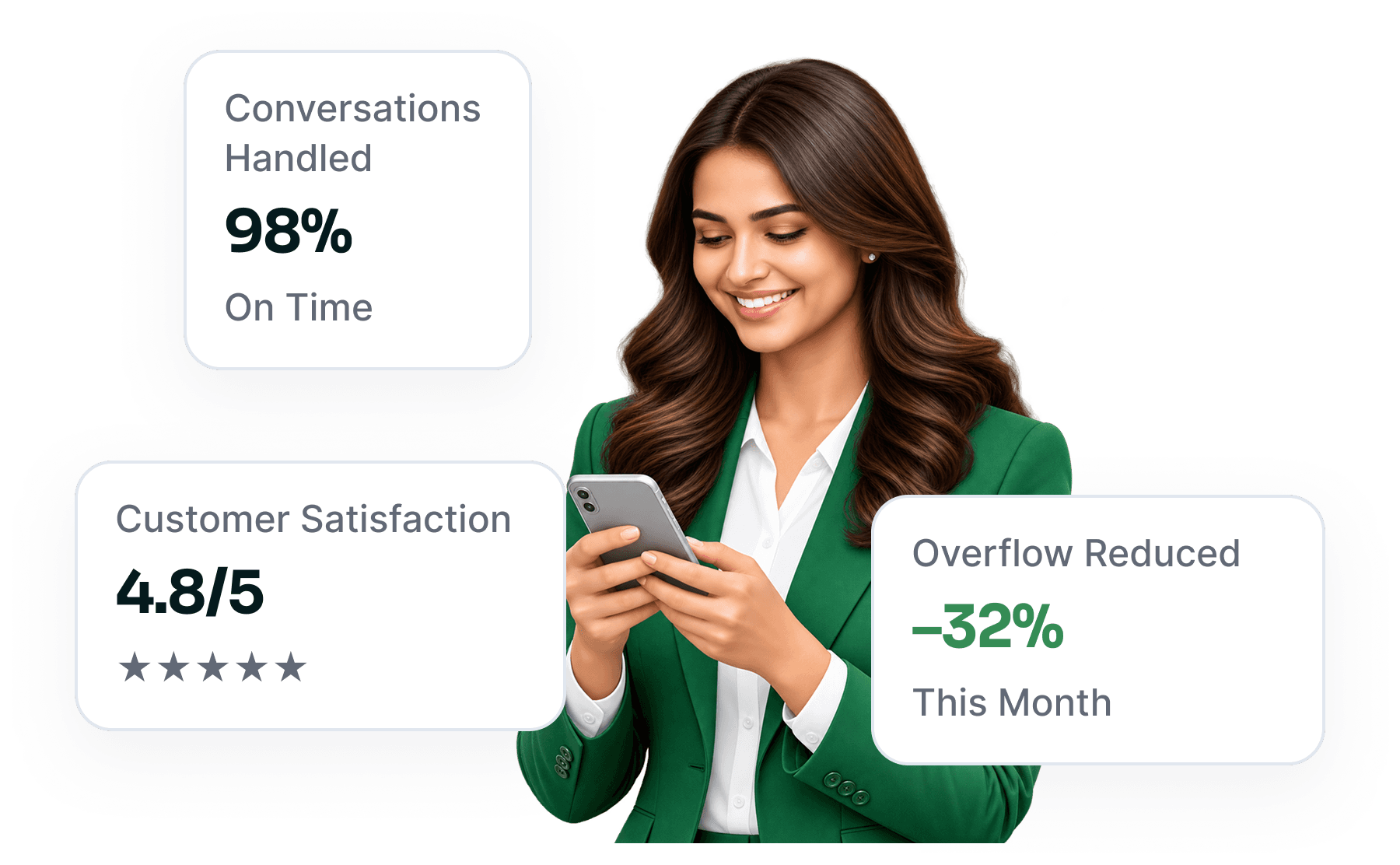 Agent handling conversations on time, with satisfaction and overflow readings beside her