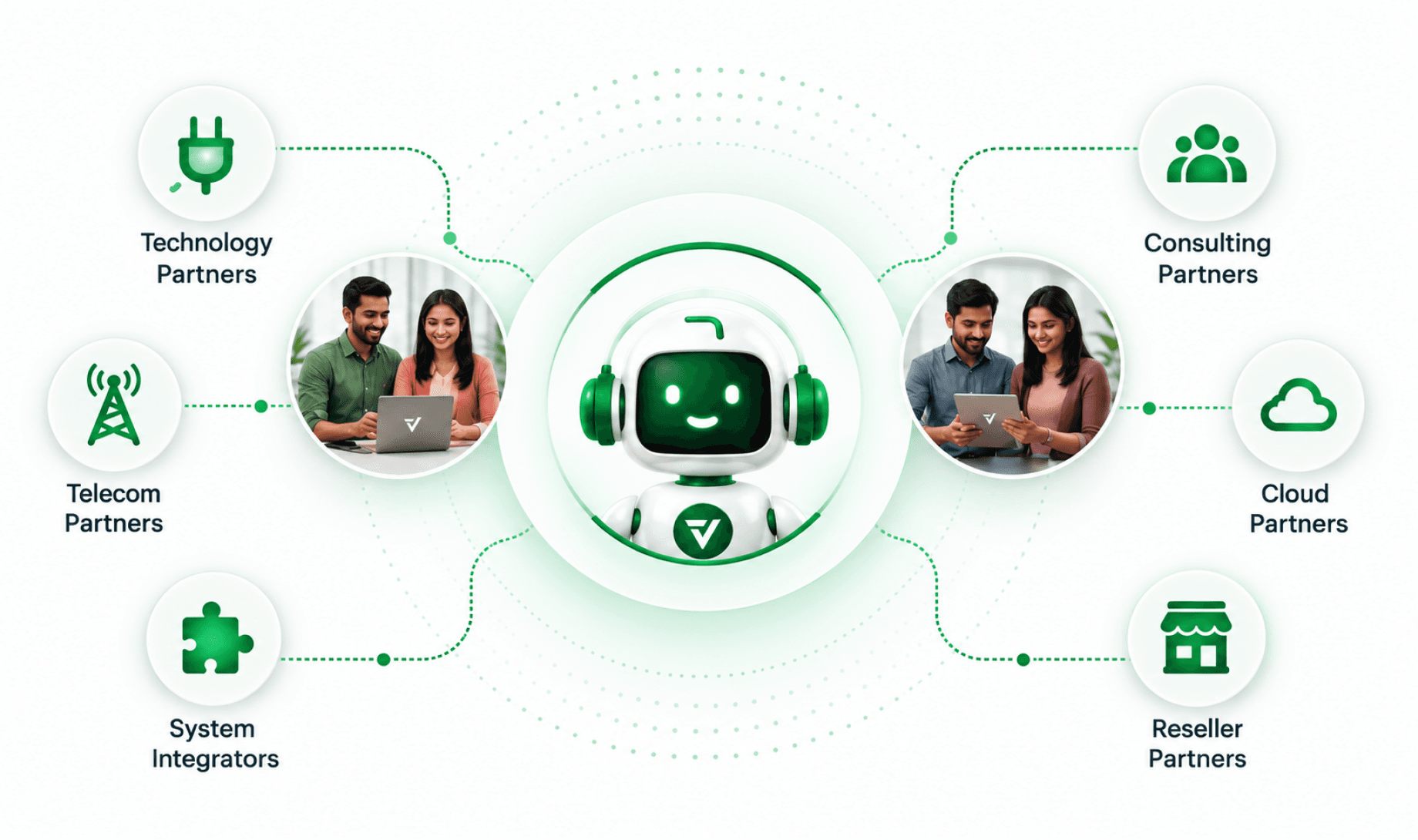 A white and green robot mascot inside concentric green rings at the centre of a partner map, with six round white tiles around it — Technology Partners, Telecom Partners and System Integrators on the left, Consulting Partners, Cloud Partners and Reseller Partners on the right — joined by dotted green connectors. Two circular photographs of colleagues working at a laptop and a tablet sit either side of the mascot.
