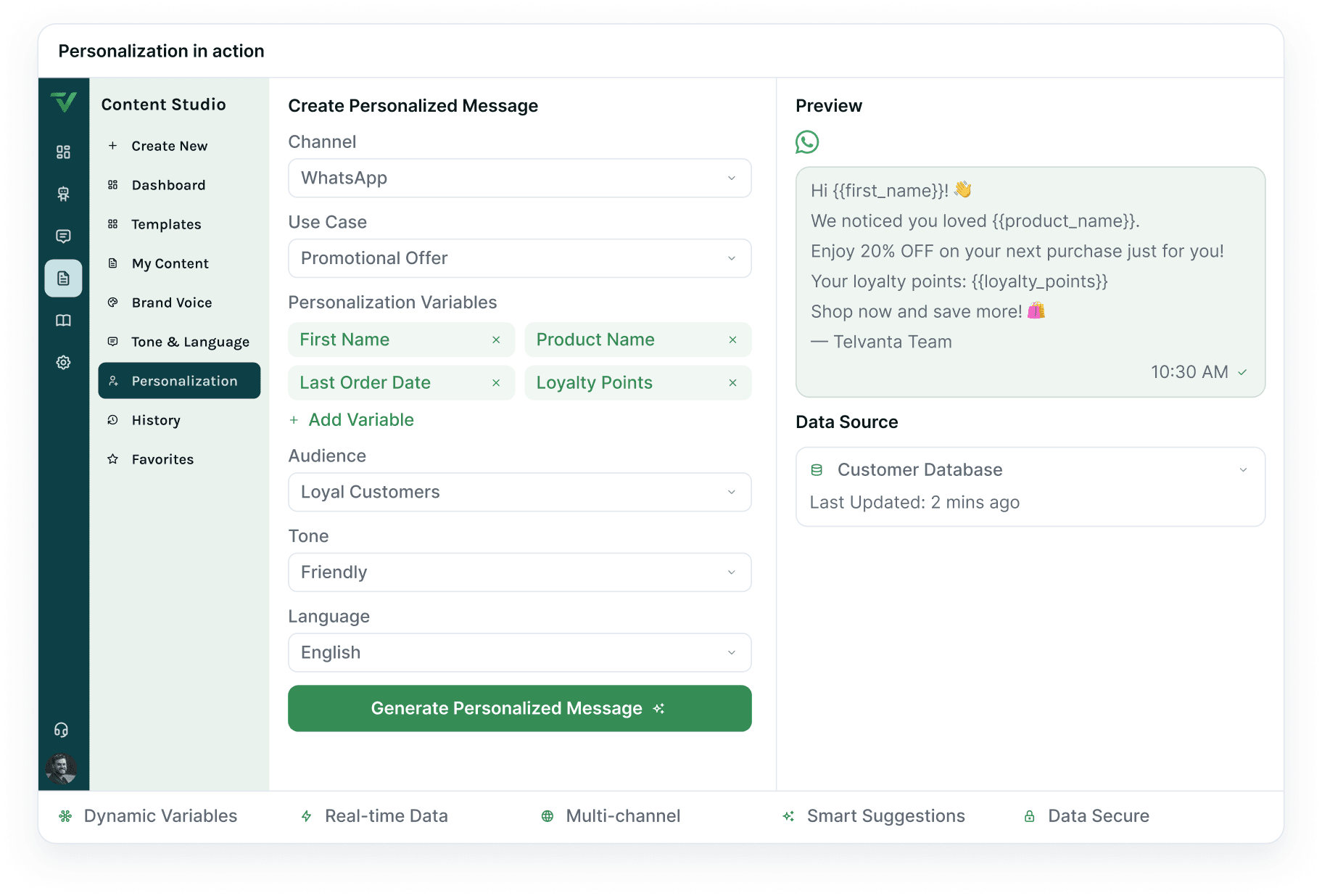 The personalization composer — channel, use case and variable pickers beside a live WhatsApp preview filled in with the customer's name, product and loyalty points.