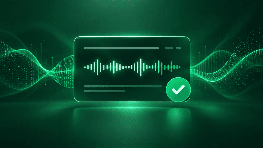 An audio player window with a green waveform and a check mark.