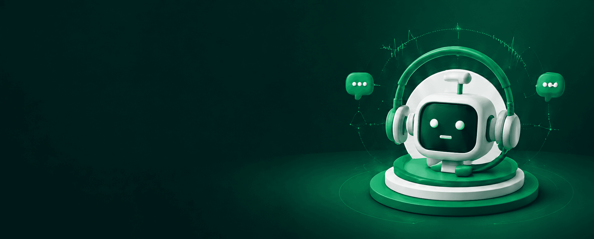 A white-and-green Telvanta robot wearing a green headset sits on a round podium, linked by dotted green lines to floating bubbles with a sound wave, a phone and the Telvanta logo.