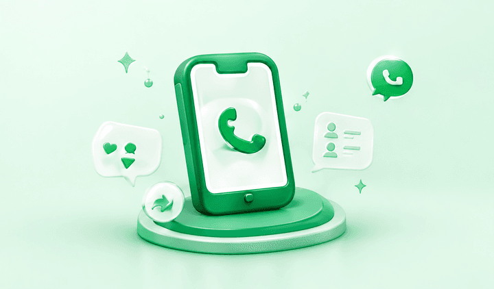 A green smartphone on a podium showing a call icon, with chat and contact cards floating around it.