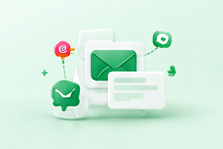 A green envelope and message cards floating above a platform with notification badges.
