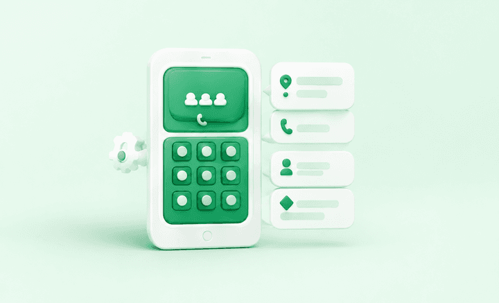 A green phone keypad beside a stack of IVR menu option cards.
