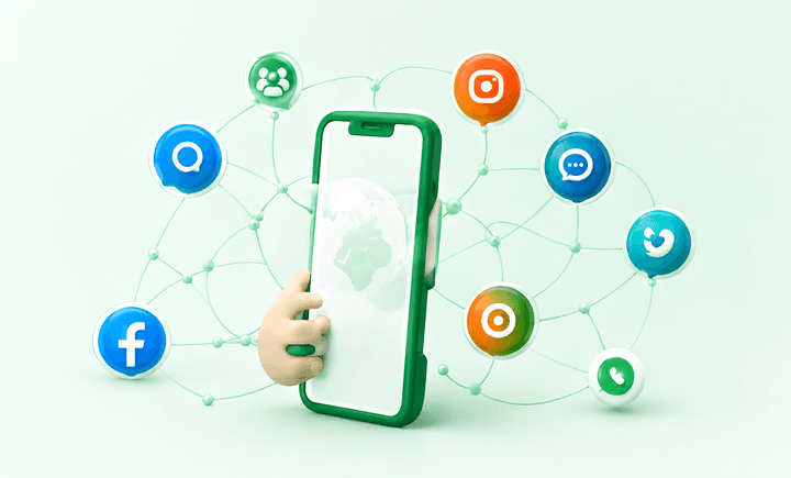 A hand holding a smartphone ringed by social and messaging app icons joined by thin lines.