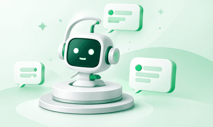 A small Telvanta robot on a podium surrounded by floating green chat bubbles.