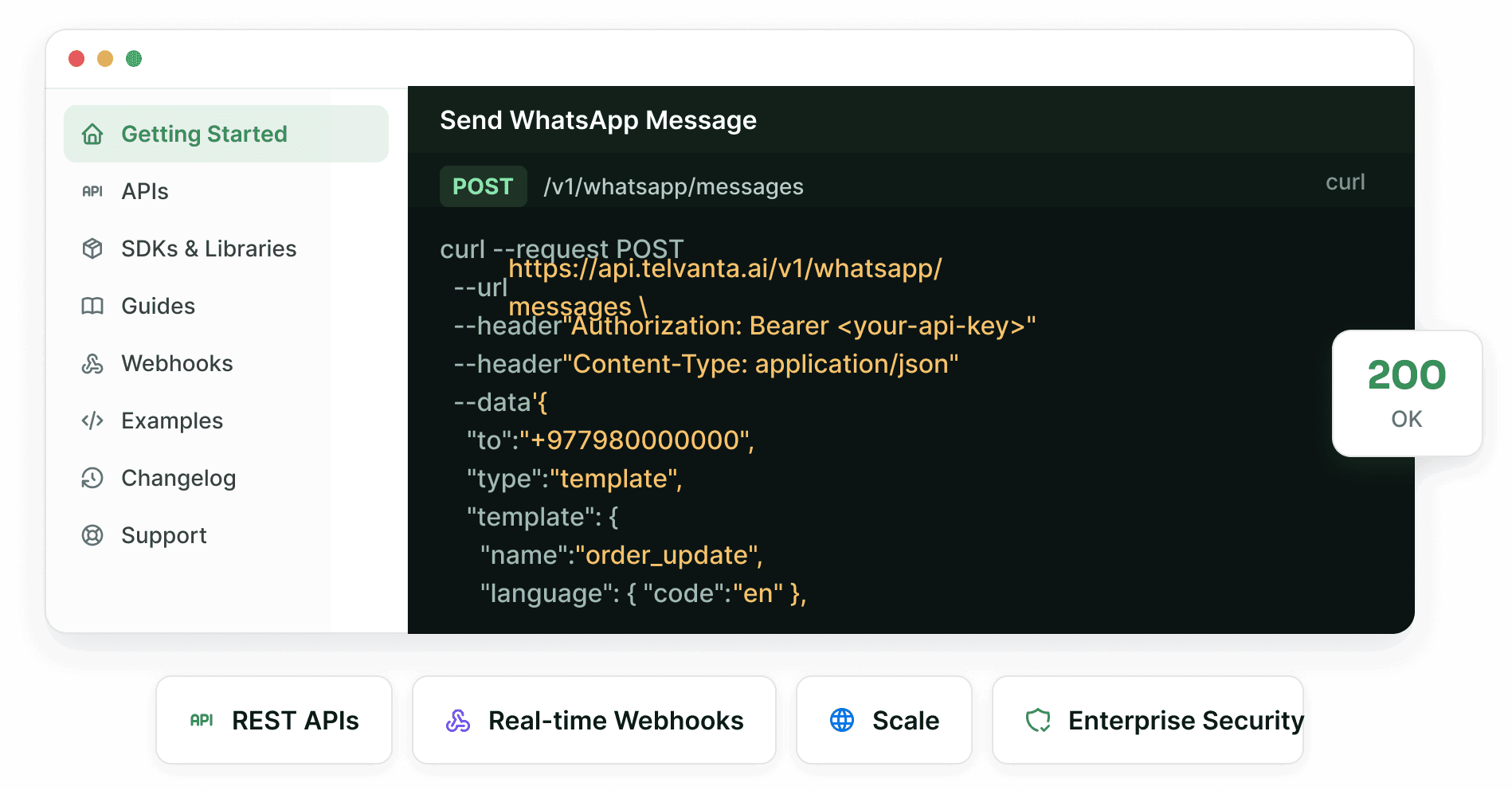 Telvanta.ai developer docs window with a documentation sidebar, a Send WhatsApp Message cURL example for POST /v1/whatsapp/messages, a 200 OK status card, and REST APIs, Real-time Webhooks, Scale and Enterprise Security chips