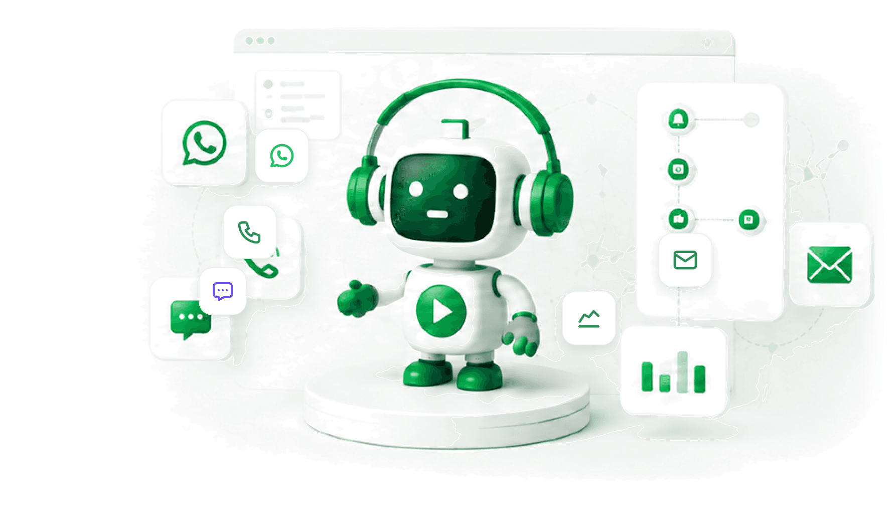 Telvanta robot in headphones on a podium in front of a browser window, surrounded by WhatsApp, voice, chat and email tiles, a flow diagram and a bar chart
