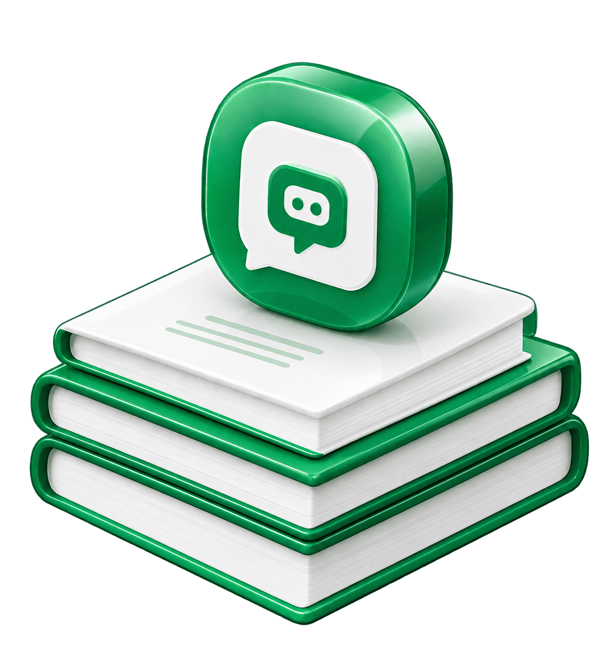 Stack of books topped by a green chat bubble badge