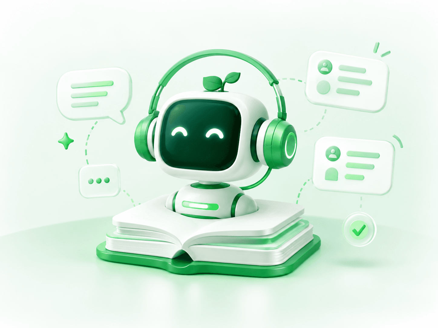 Robot with a headset sitting on an open book beside chat and contact cards