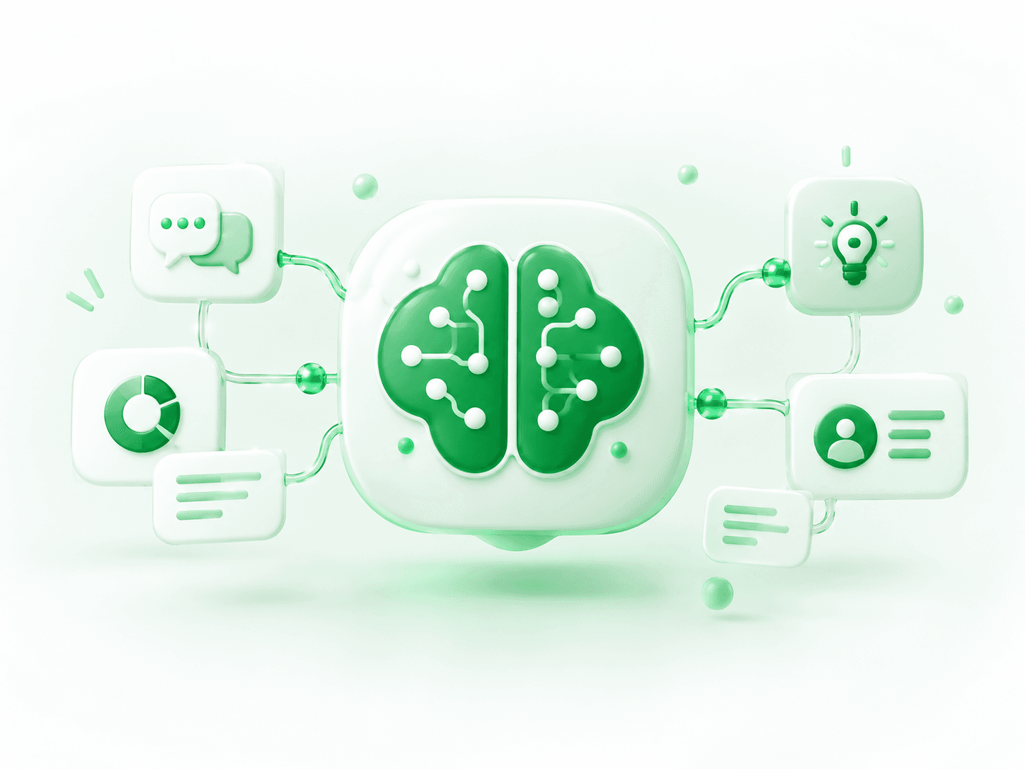 Brain tile linked to chat, analytics, idea and contact cards