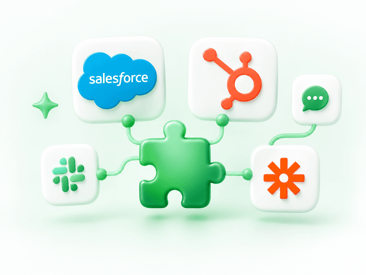 Puzzle piece connected to Salesforce, HubSpot, Slack and Zapier tiles
