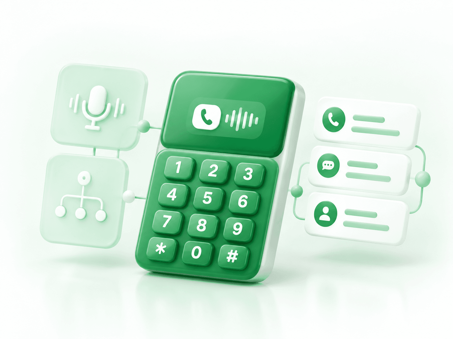 Green keypad with a microphone, call-flow tree and routed call rows