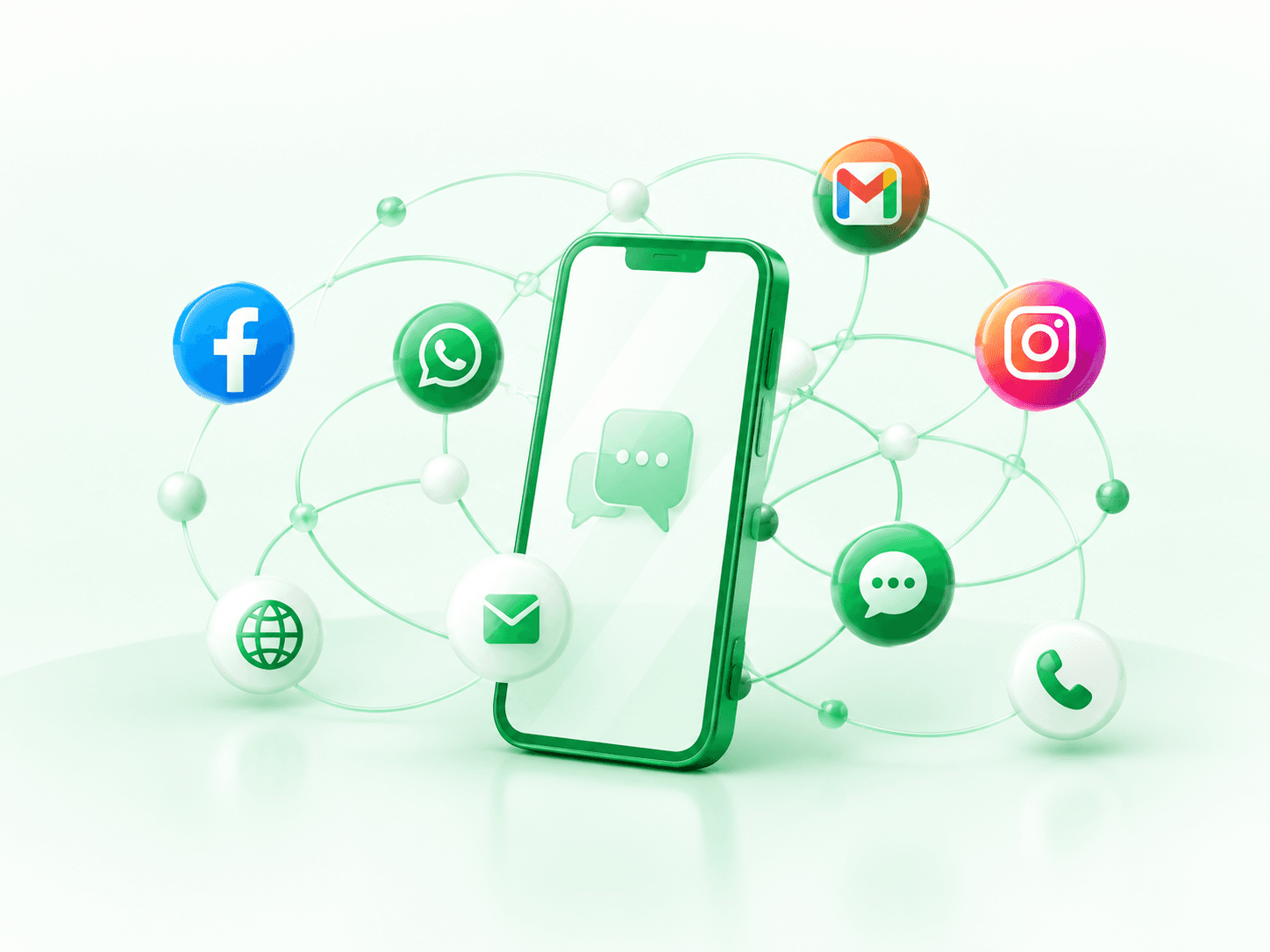 Phone surrounded by orbiting messaging, email and social channel icons