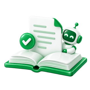 Open book with a leaf and a verified tick badge