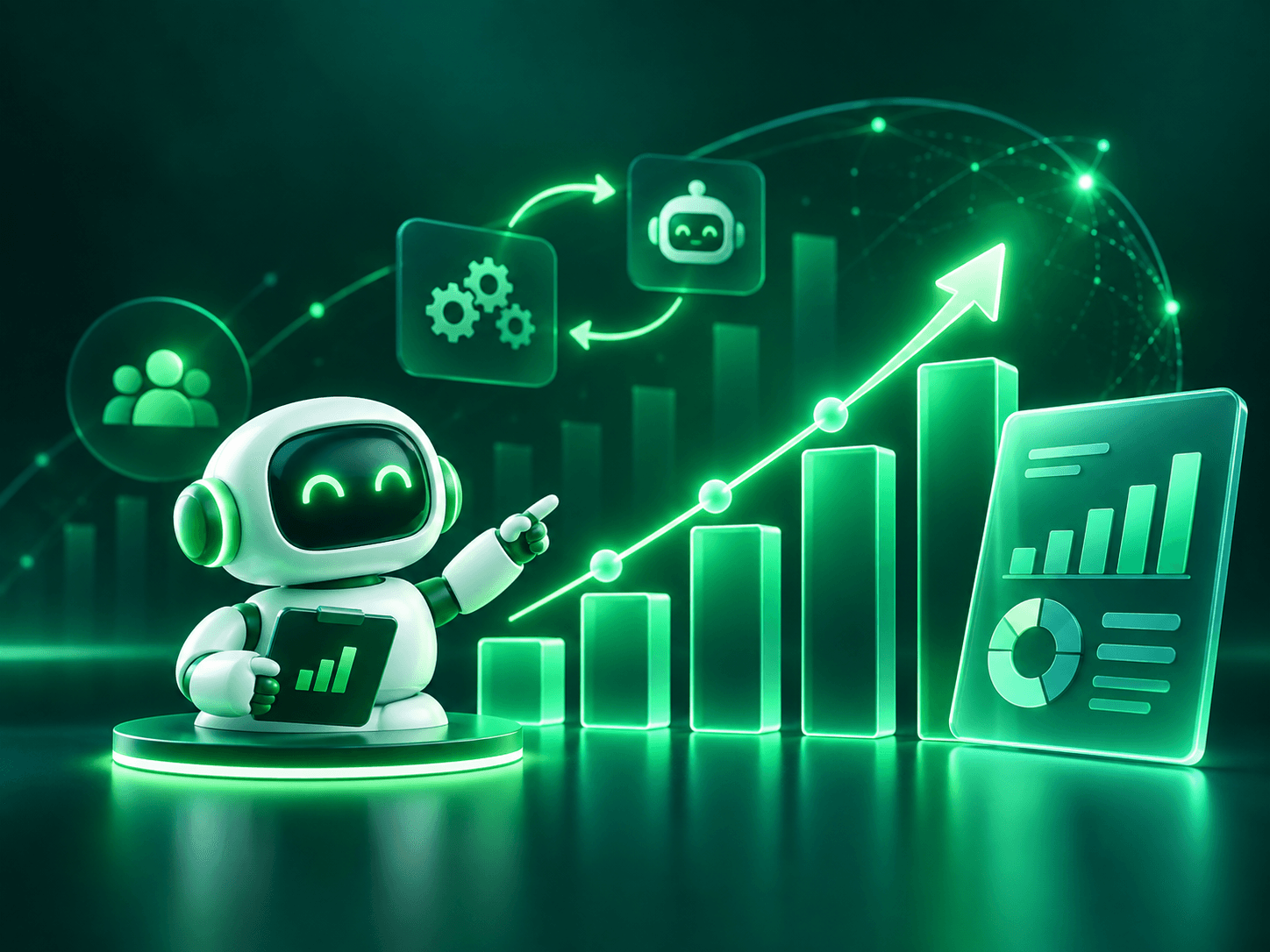 Green cover with a robot pointing at a rising bar chart and an analytics panel