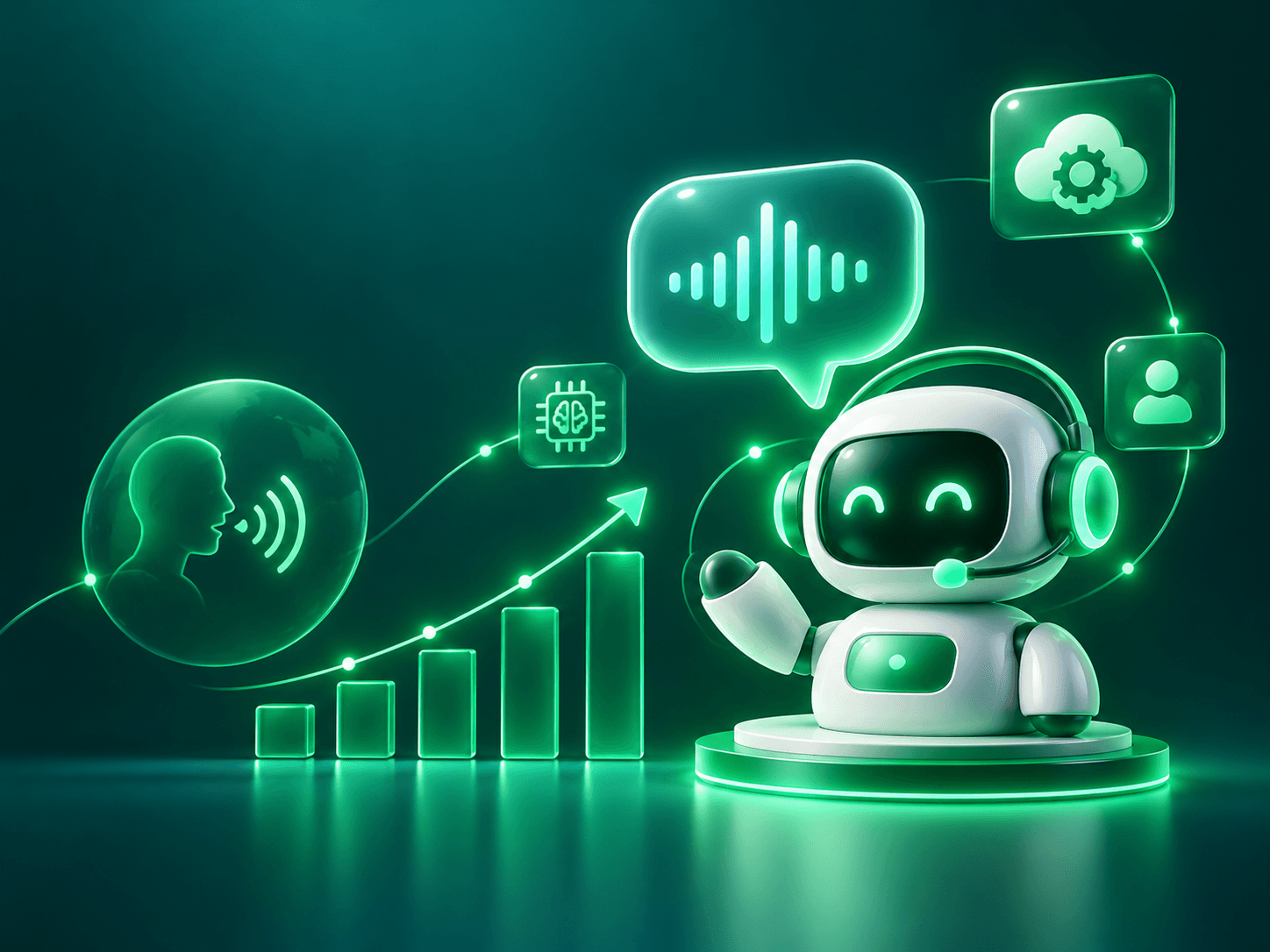 Green cover with a robot, voice waveform bubble and rising growth chart