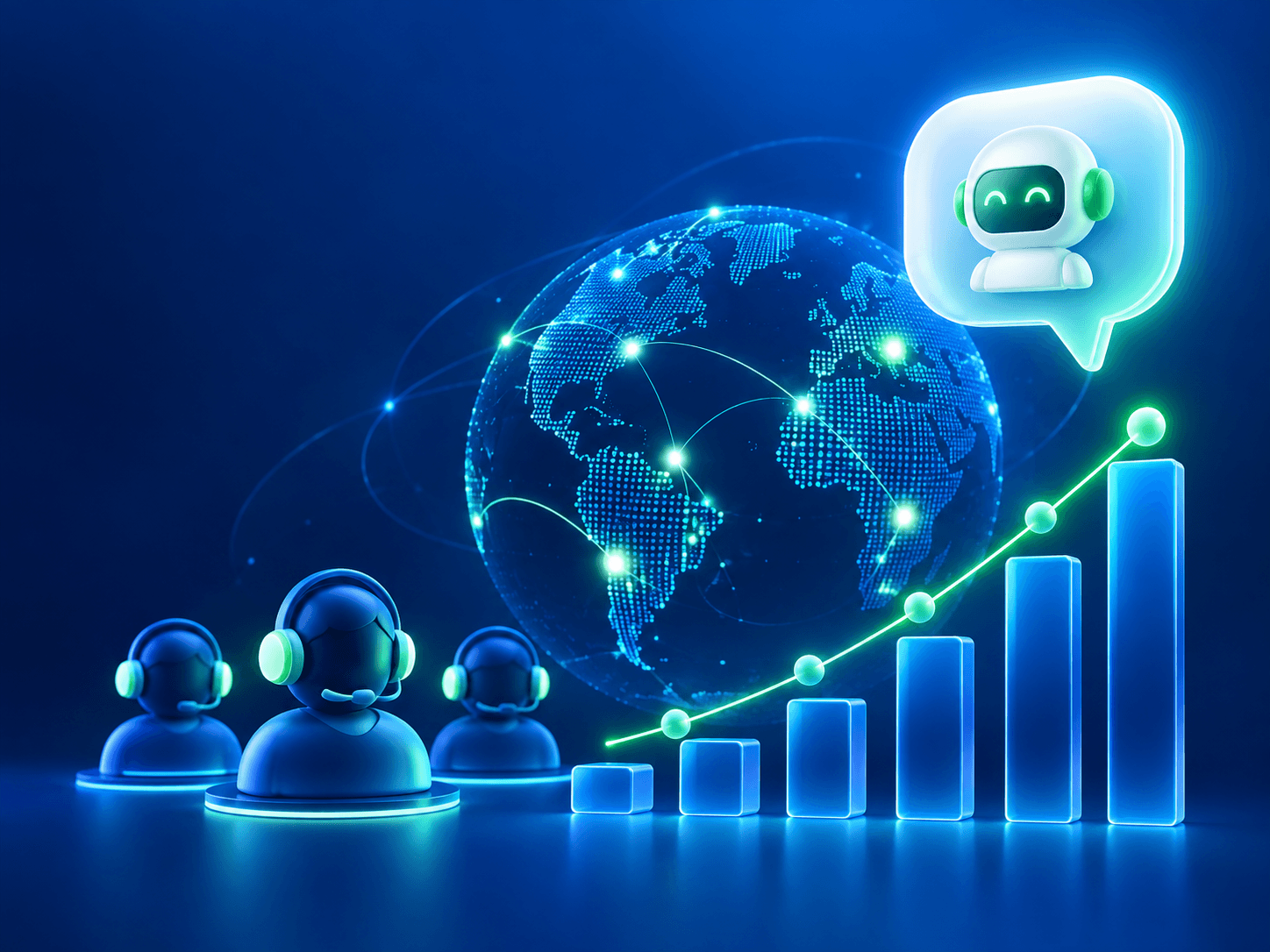 Blue cover with headset agents, a connected globe, a rising bar chart and a robot chat bubble