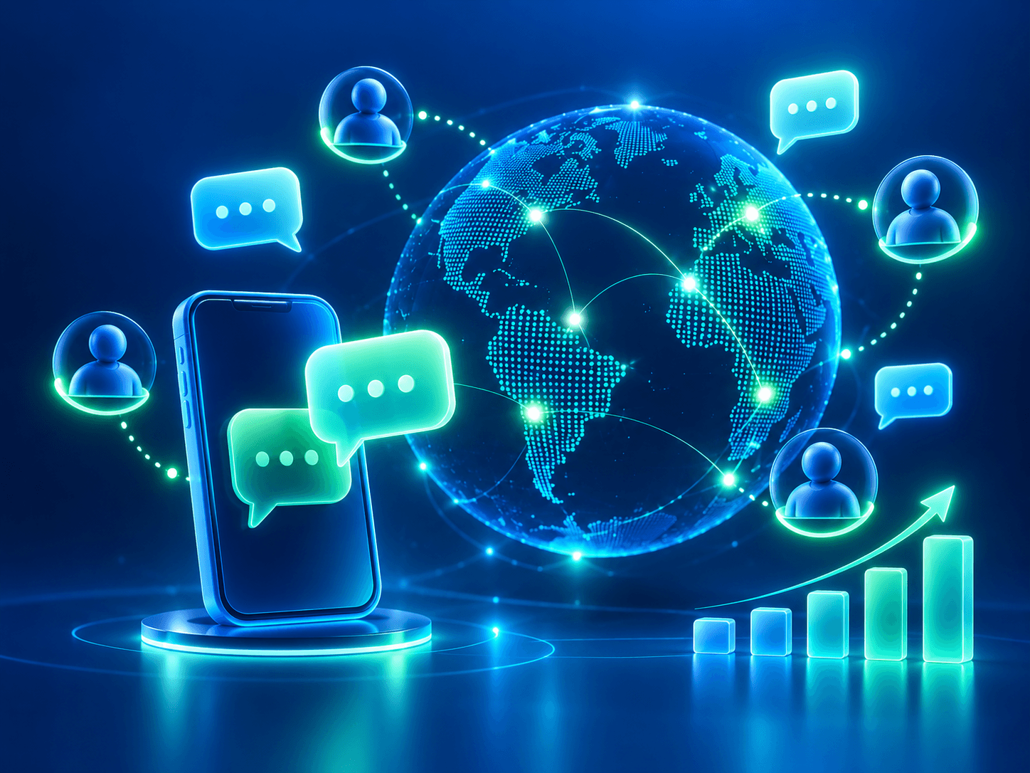 Blue cover with a phone, connected globe, chat bubbles and a rising bar chart